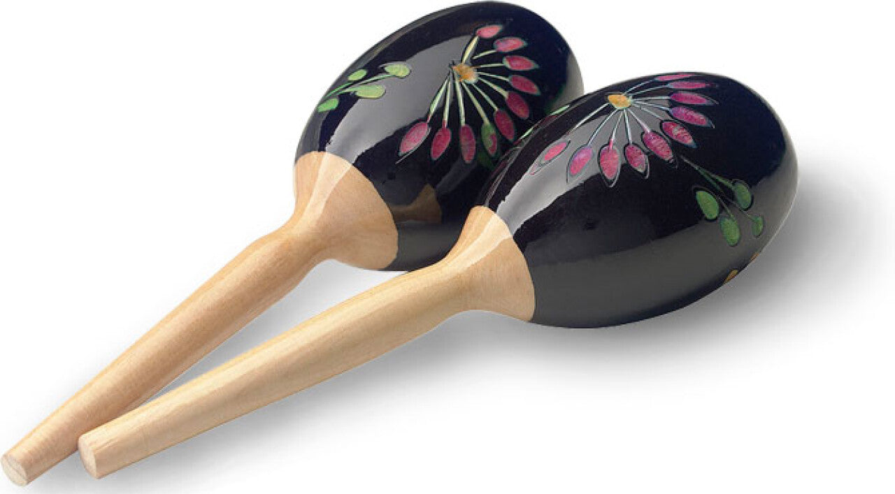 Stagg Oval Wooden Maracas, Black Flower, 19 cm - Metronome Music Inc.